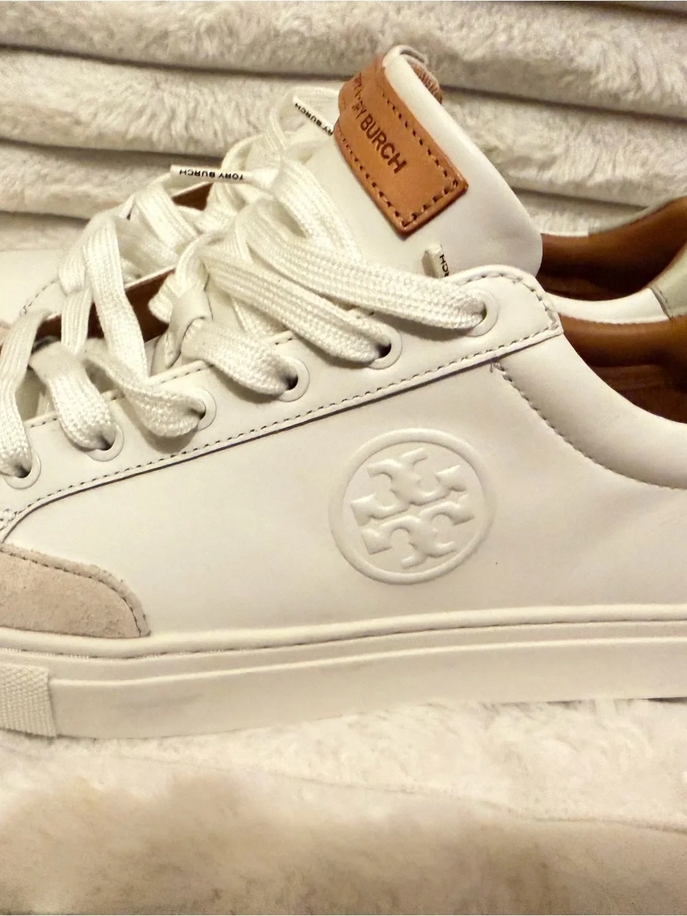 Tory Burch Cream & Tan Leather Suede Sneakers